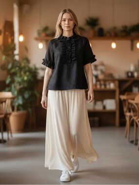 Elizabeth Wilson Designs Black Ruffle Neck Bib Slub Blouse Top L